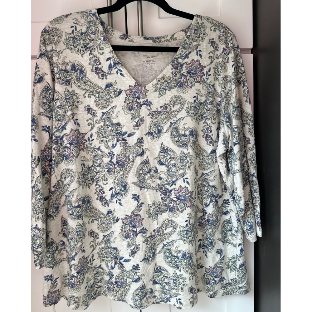 Pure Jill J.Jill Women L Paisley Floral V Neck Tee 3/4 Sleeve Cotton Modal 0371